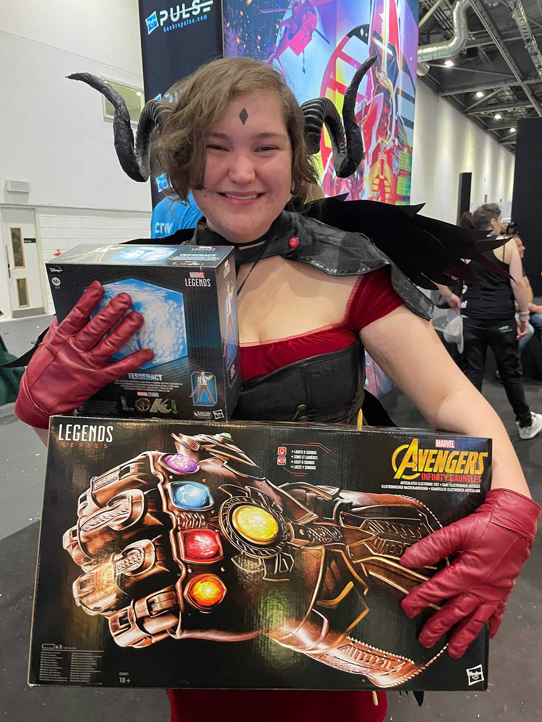 Elsie with some Marvel merchandise gifted to her by Hasbro